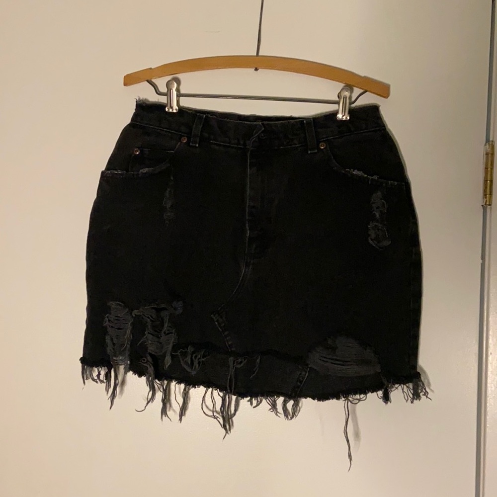 LF Distressed black denim miniskirt!